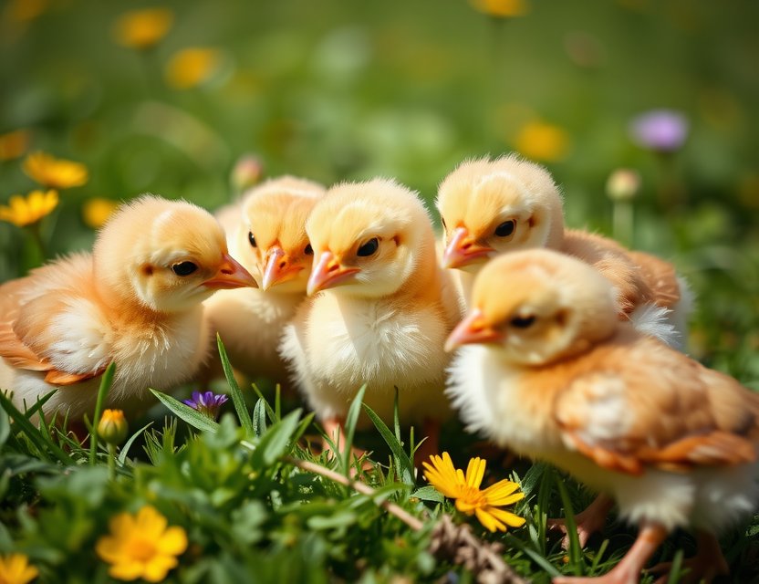 New flock of chicks in pasture