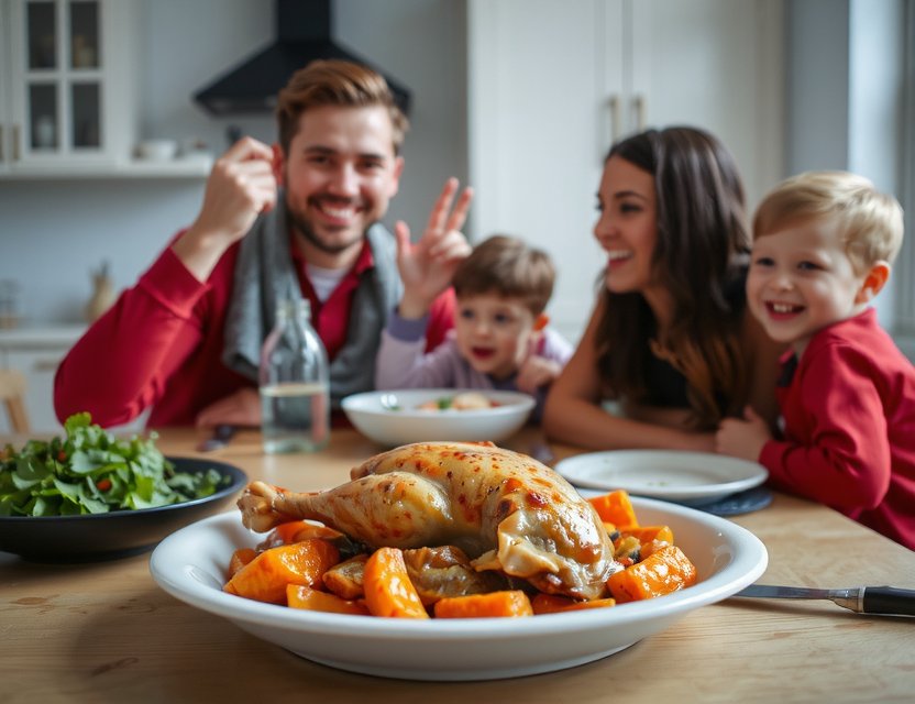 Family enjoying playmuje chicken meal