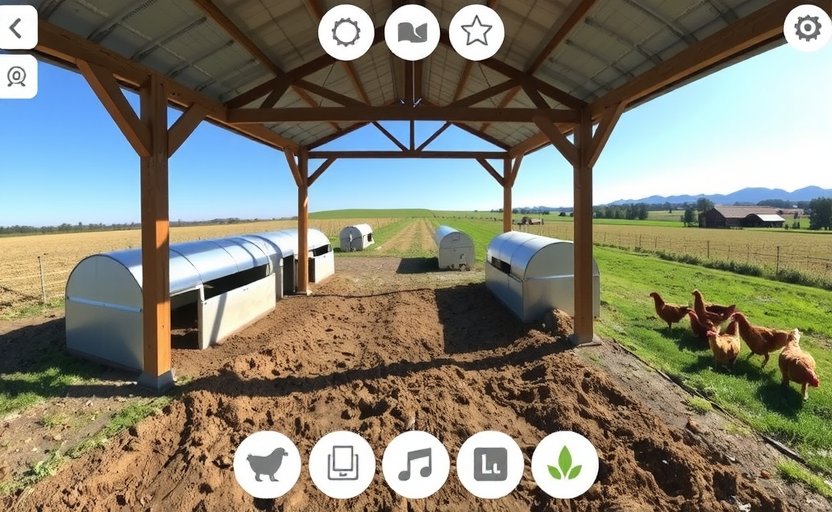 Interactive virtual farm tour interface showing 360 views of coops and pastures for educational farm visits