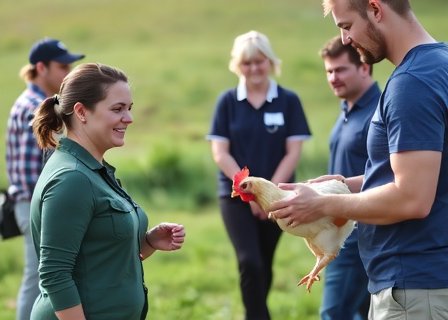 Group petting chicken during educational farm visit